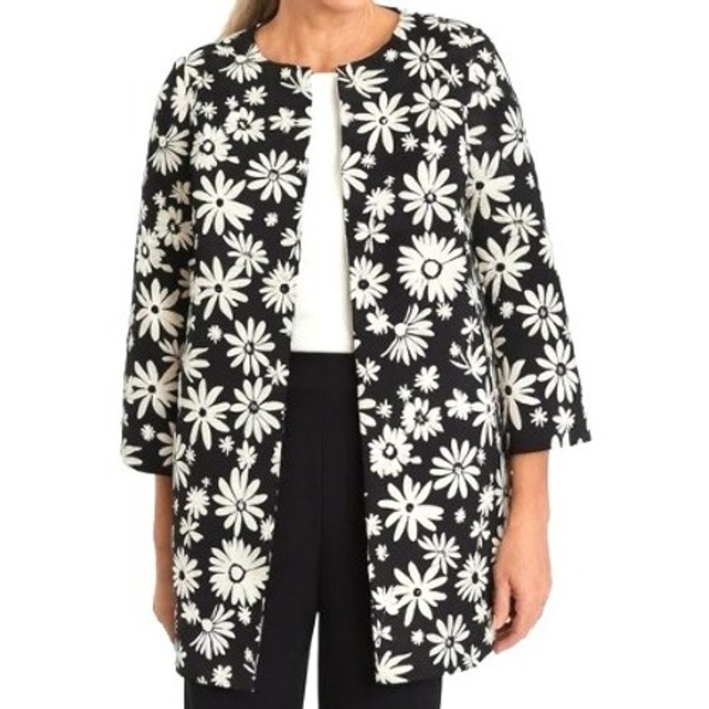 TALBOTS NET Womens 16 Black White Daisy Floral Jacquard Open Front Jacket Blazer